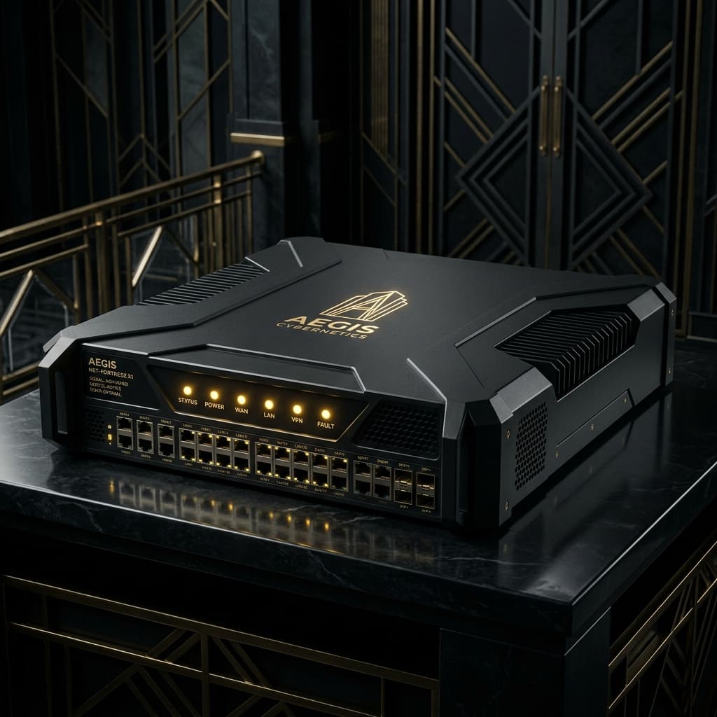 A hardened network appliance under gold rim-light