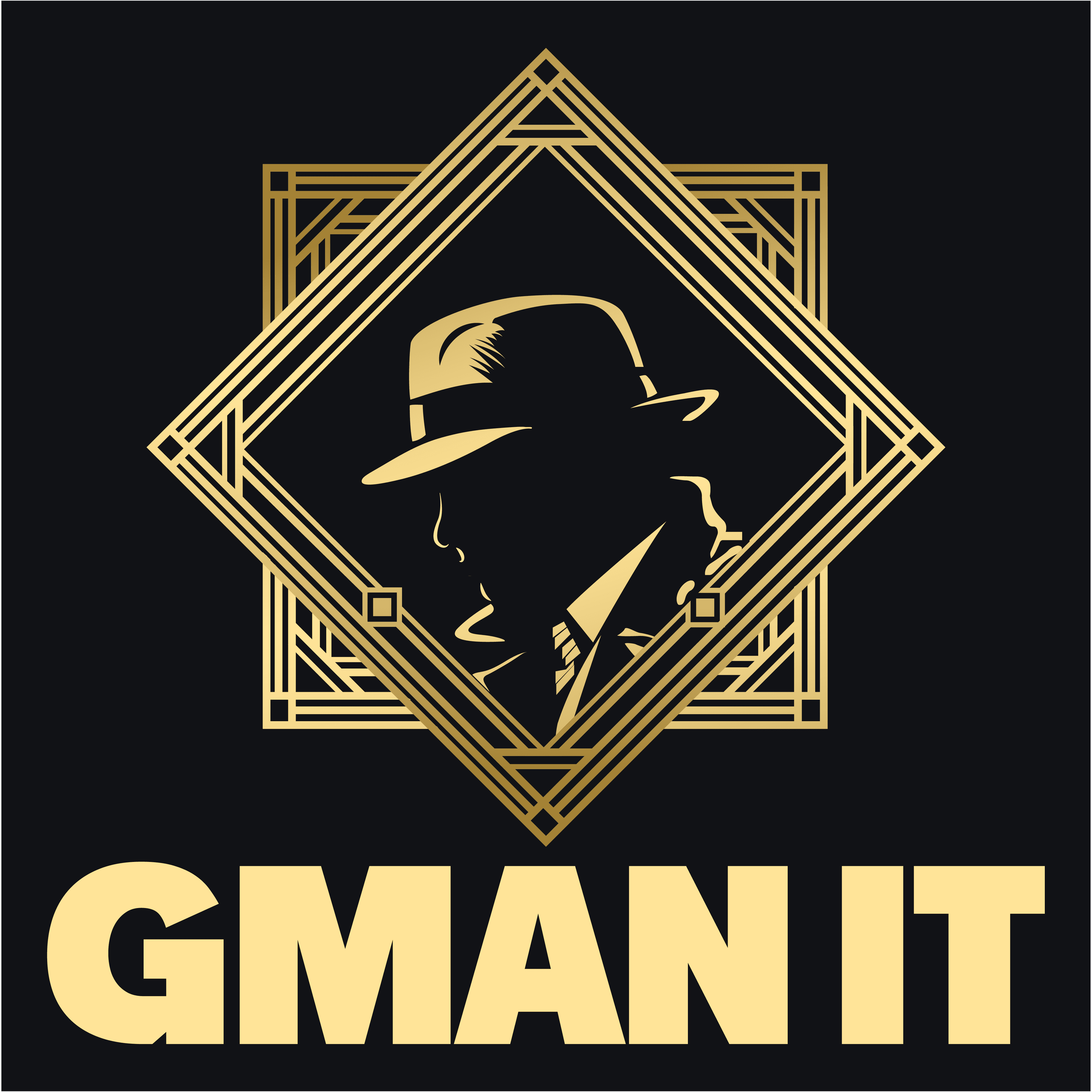 The GMAN IT monogram — a fedora-wearing figure set in a gold diamond.