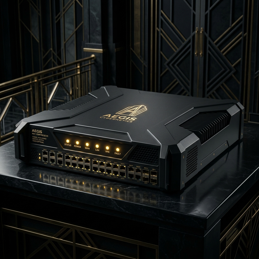A hardened network perimeter rendered as an Art Deco vault wall
